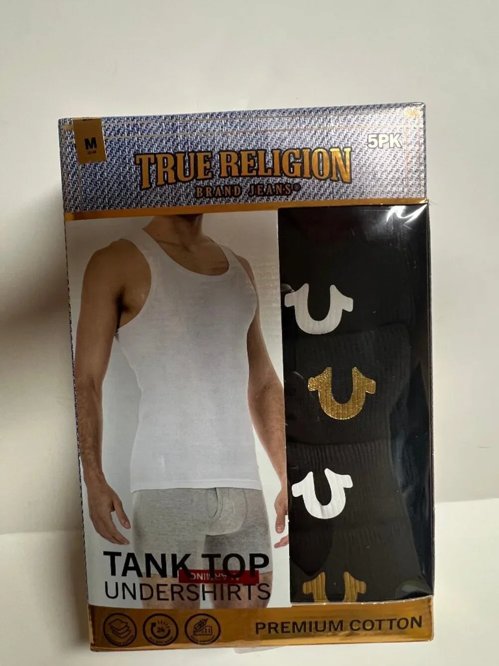 True Religion 5 Pack Men's M Black Premium Cotton Horseshoe Logo Ribbed Tanks